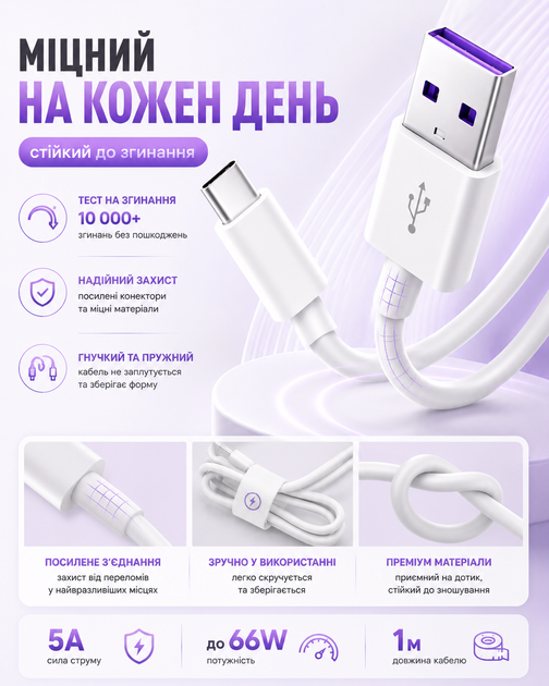 Кабель швидкої зарядки USB Type C 5A до 66W шнур зарядний тайп сі юсб для телефону смартфона планшета Samsung Xiaomi Huawei Realme Google Android провід для заряджання синхронізації передачі даних білий міцний 1 м - Фото 4 Кабель швидкої зарядки USB Type C 5A до 66W шнур зарядний тайп сі юсб для телефону смартфона планшета Samsung Xiaomi Huawei Realme Google Android провід для заряджання синхронізації передачі даних білий міцний 1 м - зображення 4