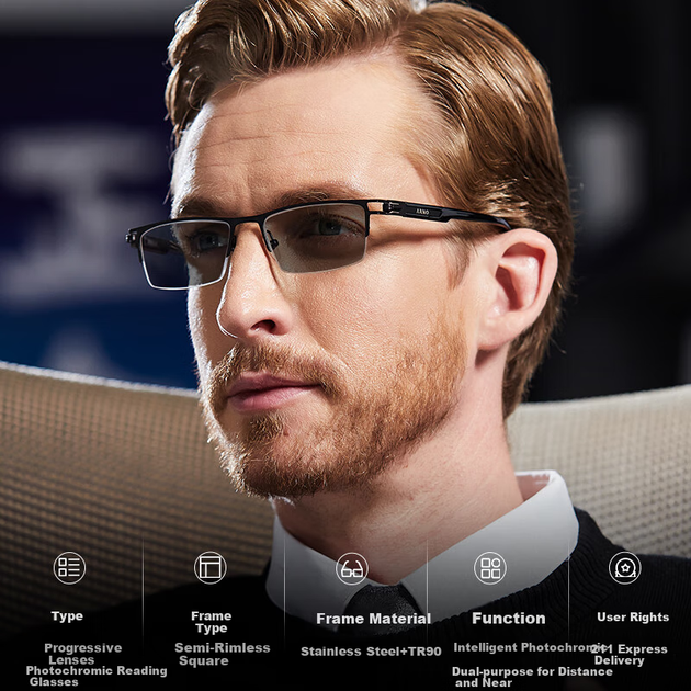 Очки для чтения ARNO FOCUS ON YOUR EYES для мужчин, бифокальные, немецкого производства, с автоматическим зумом и изменением цвета, для коррекции пресбиопии, модель A1050B, угол обзора 300 градусов. - зображення 7