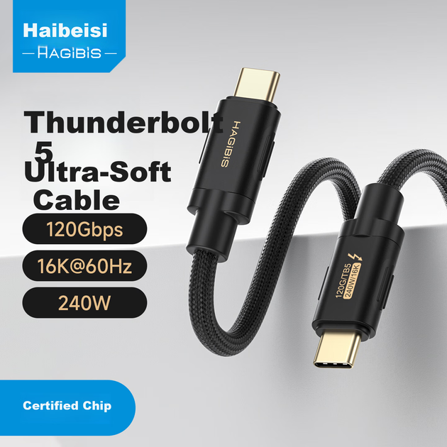 Кабель Hagibis UC50 Thunderbolt - Thunderbolt 120 Гбит/с 16K 240 Вт Black-Gold - изображение 2