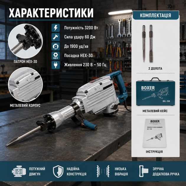 Отбойный молоток Boxer BX 159 3200 Вт 60 Дж 1900 уд мин патрон HEX 30 для демонтажа бетона плитки пола и строительных работ - Фото 2 Отбойный молоток Boxer BX 159 3200 Вт 60 Дж 1900 уд мин патрон HEX 30 для демонтажа бетона плитки пола и строительных работ - изображение 2