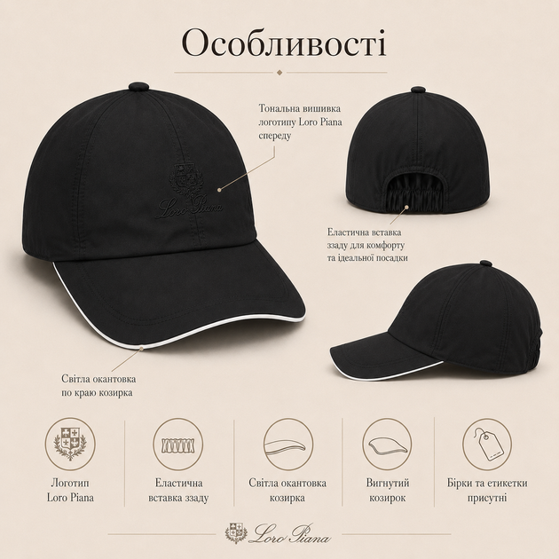 Кепка Loro Piana черная унисекс - бейсболка Лоро Пиана с вышивкой, эластичной вставкой и бирками - изображение 2
