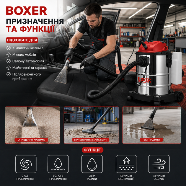Промисловий пилосос BOXER 2800 Вт 25 л для сухого вологого прибирання збору рідини хімчистки килимів меблів салону автомобіля - зображення 2