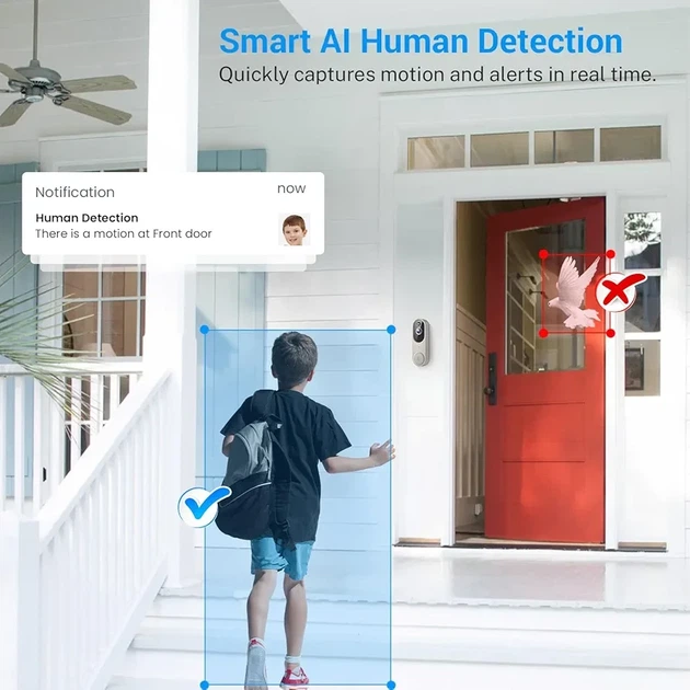Умный беспроводной WiFi видеозвонок 1080P: AI обнаружение людей, ночное видение, двусторонняя связь, аккумулят - Фото 8 Умный беспроводной WiFi видеозвонок 1080P: AI обнаружение людей, ночное видение, двусторонняя связь, аккумулят - изображение 8