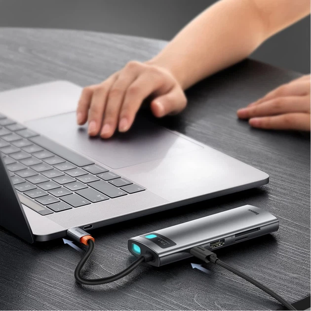 USB-хаб Baseus Metal Gleam Multifunctional 7-in-1 USB-C to 2xUSB-A/2xUSB-C/HDMI/SD/TF Grey (WKWG020113) - зображення 14