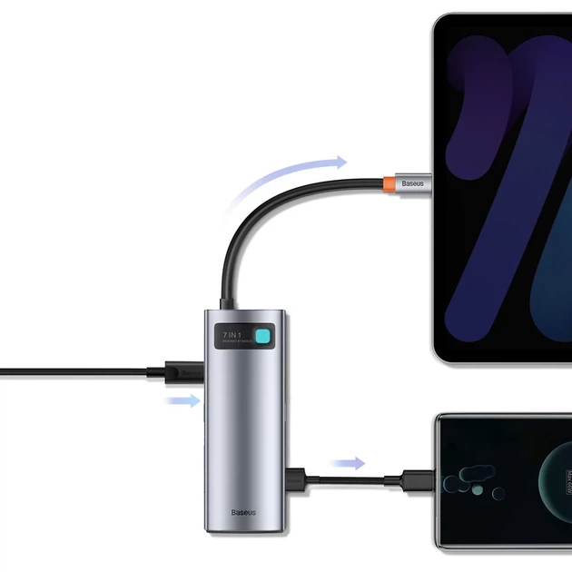 USB-хаб Baseus Metal Gleam Multifunctional 7-in-1 USB-C to 2xUSB-A/2xUSB-C/HDMI/SD/TF Grey (WKWG020113) - зображення 15