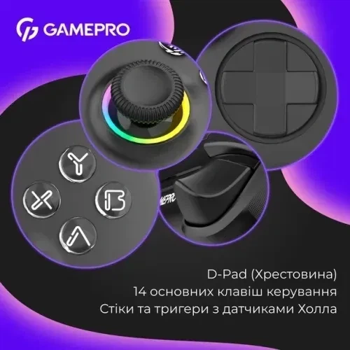 Геймпад GamePro GPX13B беспроводной Bluetooth / USB 2.4GHz / Type-C, 14 кнопок, 2 аналоговых стика, D-Pad Чёрный (GPX13B) - изображение 3