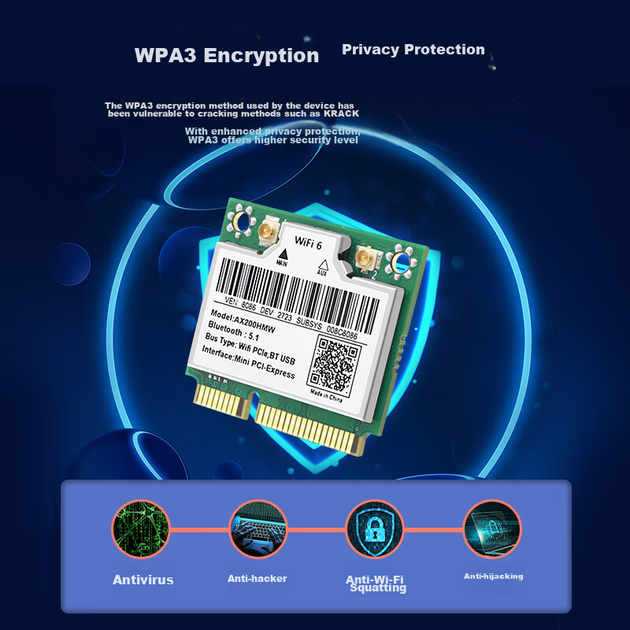 Бездротова мережева карта EB-LINK Intel AX200 для ноутбука, інтерфейс Mini-Pcie 3000M, дводіапазонна мережева карта WiFi6 Gigabit, Bluetooth 5.1, внутрішній модуль комп'ютера - зображення 10