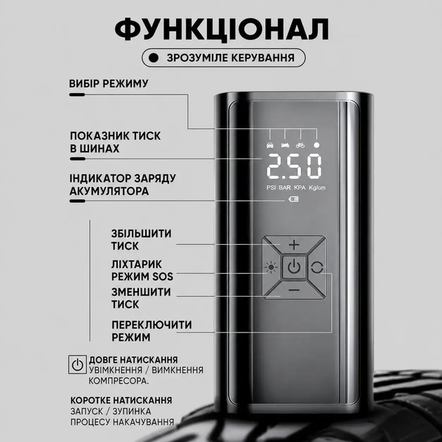 Автомобильный аккумуляторный компрессор 6000 мА·ч 150 PSI портативный насос для подкачки шин автокомпрессор с LED-дисплеем (11576) - изображение 5
