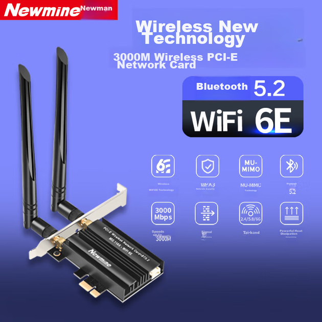 Бездротова мережева карта Newmine 3000M Gigabit PCI-E, ігрова дводіапазонна 5G настільна вбудована бездротова мережева карта PCI-E, WiFi 6 + Bluetooth 5.2 + WiFi приймач/передавач - Фото 5 Бездротова мережева карта Newmine 3000M Gigabit PCI-E, ігрова дводіапазонна 5G настільна вбудована бездротова мережева карта PCI-E, WiFi 6 + Bluetooth 5.2 + WiFi приймач/передавач - зображення 5