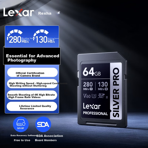 Карта памяти Lexar SD 64 ГБ C10 U3 V60 для 4K-камер, скорость чтения 280 МБ/с, скорость записи 130 МБ/с, съемка света и тени (обновленная версия 1667x). - изображение 8
