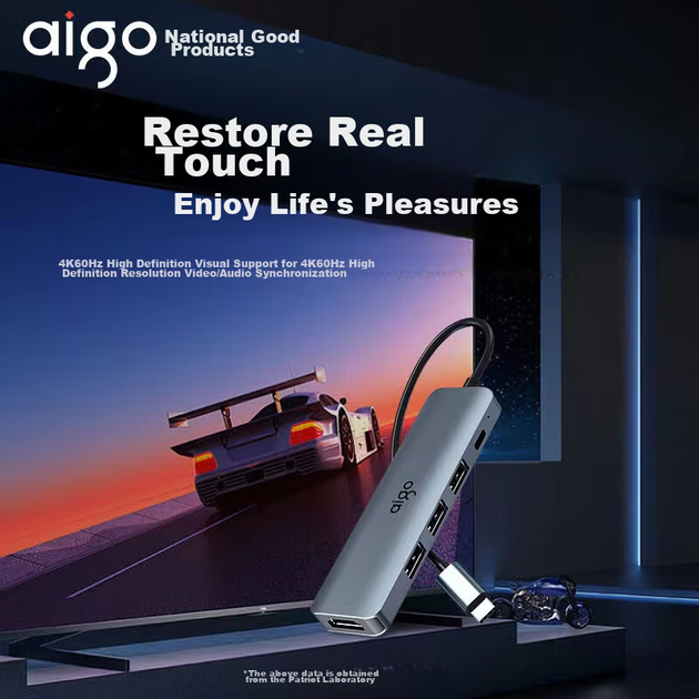 Док-станція розширення Aigo Type-C, концентратор USB 3.0, адаптер HDMI, конвертер для док-станції для ноутбука 4K60Hz Ultra HD, швидка зарядка PD100W, T05-H1Plus (метал) - изображение 4