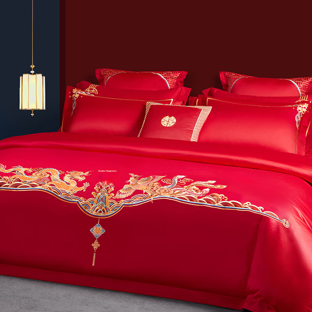 Свадебный комплект из четырех предметов от BEYOND Home Textiles, чистый хлопок, новый свадебный красный цвет, 60-ниточный длинноволокнистый хлопок, вышитый дракон и феникс, 1,8 метра. - изображение 6