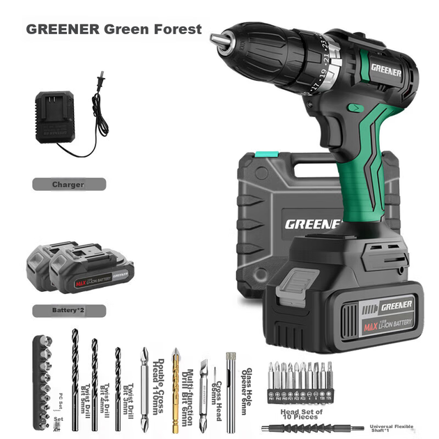 Електродриль GREENER 21 В з безщітковим двигуном, літієвий акумулятор, ударний, багатофункціональний, з набором інструментів у кейсі - зображення 4