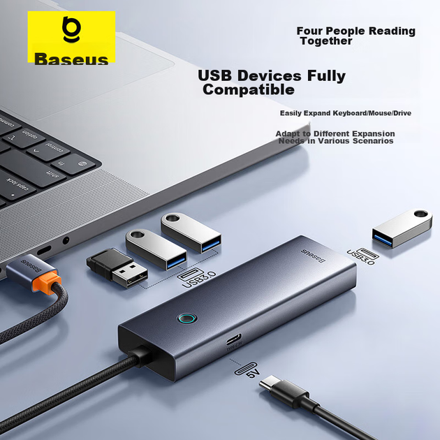 Док-станция расширения Baseus USB 3.0, разветвитель для зарядки и подключения к хабу, универсальный адаптер-конвертер для ноутбуков Huawei и Lenovo, автомобильное крепление, 50 см. - изображение 5