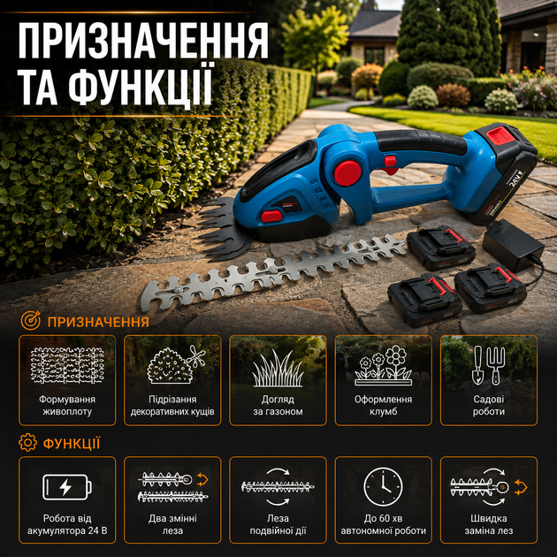 Акумуляторний кущоріз Boxer BX 3309 24 В 2 в 1 з двома акумуляторами лезом 230 мм і ножицями для трави 130 мм для живоплоту газону та садових робіт - Фото 4 Акумуляторний кущоріз Boxer BX 3309 24 В 2 в 1 з двома акумуляторами лезом 230 мм і ножицями для трави 130 мм для живоплоту газону та садових робіт - зображення 4