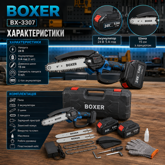 Аккумуляторная цепная пила Boxer BX3307 24V 5Ah с двумя аккумуляторами бесщеточным двигателем шиной 150 мм для обрезки деревьев заготовки дров и садовых работ сине черная - изображение 4