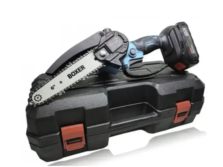 Аккумуляторная цепная пила Boxer BX3307 24V 5Ah с двумя аккумуляторами бесщеточным двигателем шиной 150 мм для обрезки деревьев заготовки дров и садовых работ сине черная - изображение 10