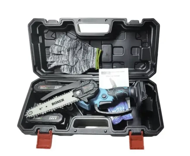 Аккумуляторная цепная пила Boxer BX3307 24V 5Ah с двумя аккумуляторами бесщеточным двигателем шиной 150 мм для обрезки деревьев заготовки дров и садовых работ сине черная - изображение 11