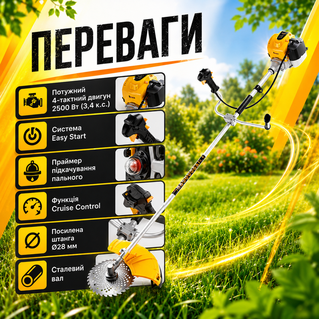 Бензиновий тример Mächtz 2500 Вт 3,4 к.с. з 4-тактним двигуном, системою Easy Start, Cruise Control, шпулею, трилопатевим ножем і 40-зубим диском - зображення 2