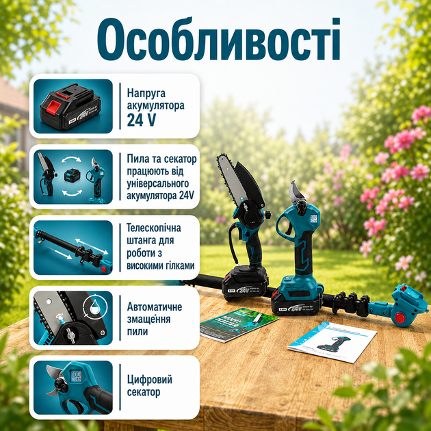 Акумуляторний садовий набір Makita 24V 3в1 з ланцюговою пилою, цифровим секатором, телескопічною штангою 2,6 м та автоматичним змащенням - зображення 4