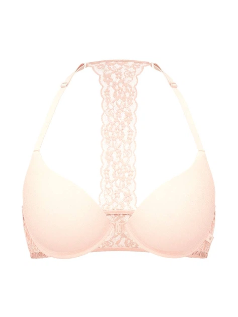 Гладкий комплект белья Victoria's Secret лиф Push-Up с кружевом и трусики тонг 1161227960 (Розовый 34A/S) - изображение 4