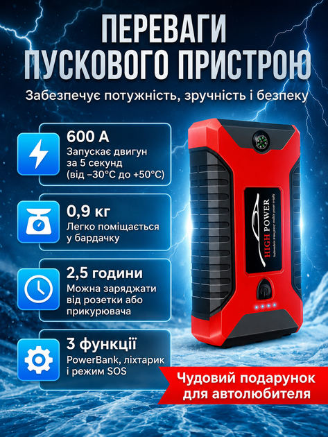 Пускозарядное устройство для автомобиля 12 В с компрессором 150 PSI, джамп стартер, бустер для запуска двигателя, Power Bank, пусковой ток 300 А, пиковый 600 А, фонарик - изображение 3