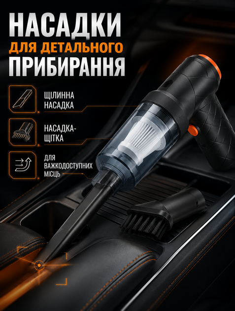 Портативний бездротовий пилосос для авто 2 в 1 з функцією видування та трьома насадками 120 Вт 4500 Па 2000 мАг - зображення 4