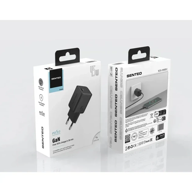Мережевий зарядний пристрій Senteo Z-18 USB-C 3A PD45W/Gan Mini (CE Сертифікат)- чорний - изображение 2