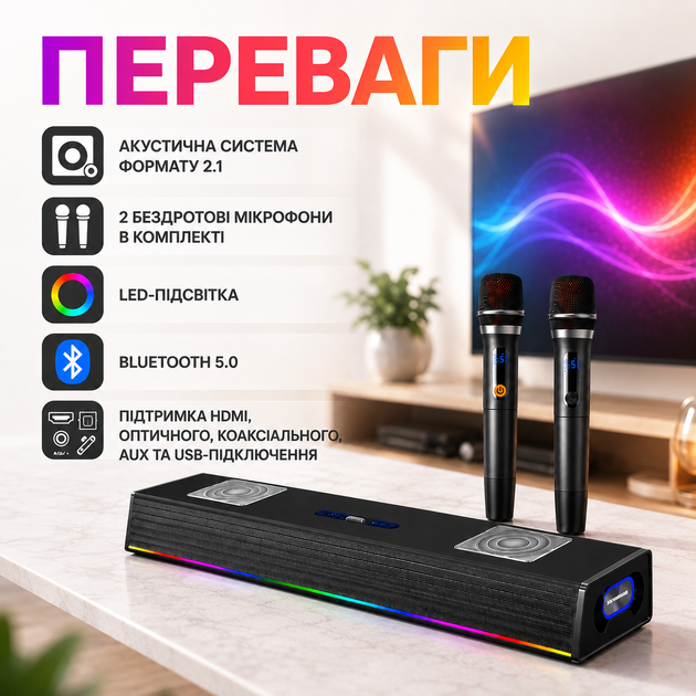 Саундбар SOGOVGZ G-69 2.1 з LED-підсвіткою, Bluetooth 5.0, двома бездротовими мікрофонами, HDMI, оптичним входом, S/PDIF, AUX та USB для караоке й домашнього кінотеатру - зображення 4