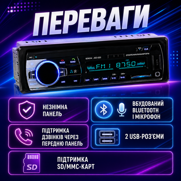 Автомагнитола JSD-520 520BT с Bluetooth, встроенным микрофоном, FM-радио, двумя USB, поддержкой SD/MMC, пультом ДУ, эквалайзером и 4-канальным аудиовыходом - изображение 2