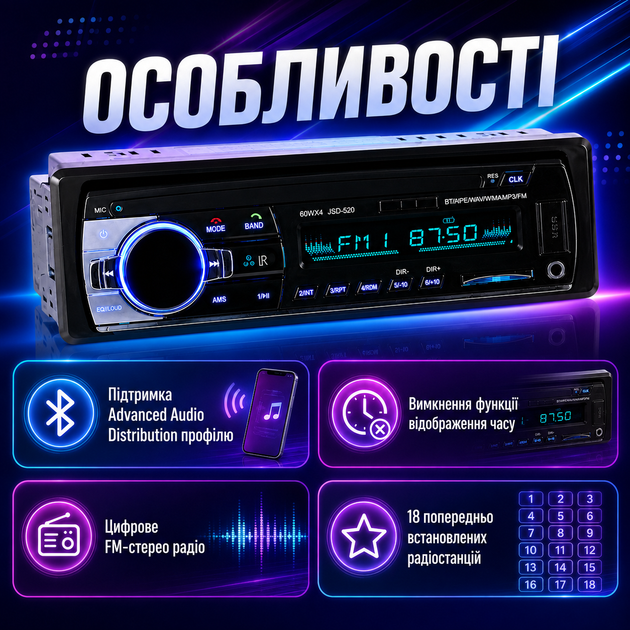 Автомагнитола JSD-520 520BT с Bluetooth, встроенным микрофоном, FM-радио, двумя USB, поддержкой SD/MMC, пультом ДУ, эквалайзером и 4-канальным аудиовыходом - изображение 3