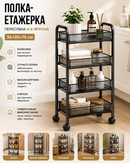 Полка-этажерка передвижная 4-х ярусная 36×20×76 см - изображение 4