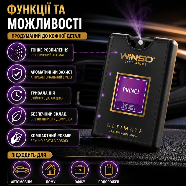 Освежитель воздуха ароматический спрей Winso 18 мл Prince для авто парфюм для нейтрализации запахов и создания приятной атмосферы SK_537120А12 - изображение 4