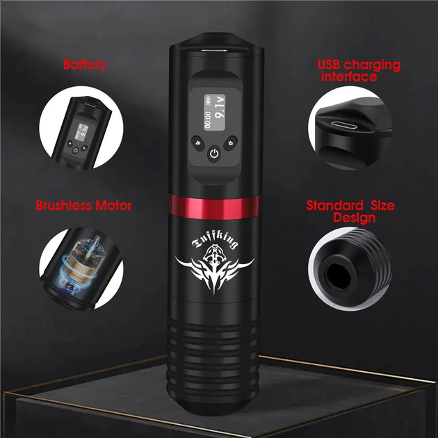 Тату Машинка Бездротова з акумулятором 1800mAh + картриджі + фарби | Професійний набір для тату з дисплеєм - зображення 7