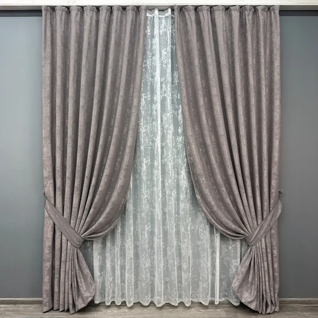 Комплект штор з тюлем VR-Textil Жакард Мармур, сіро-пудровий з білим, 2 штори 200×270 см + тюль 600×270 см, арт. 71-007/7 - Фото 1 Комплект штор з тюлем VR-Textil Жакард Мармур, сіро-пудровий з білим, 2 штори 200×270 см + тюль 600×270 см, арт. 71-007/7 - зображення 1