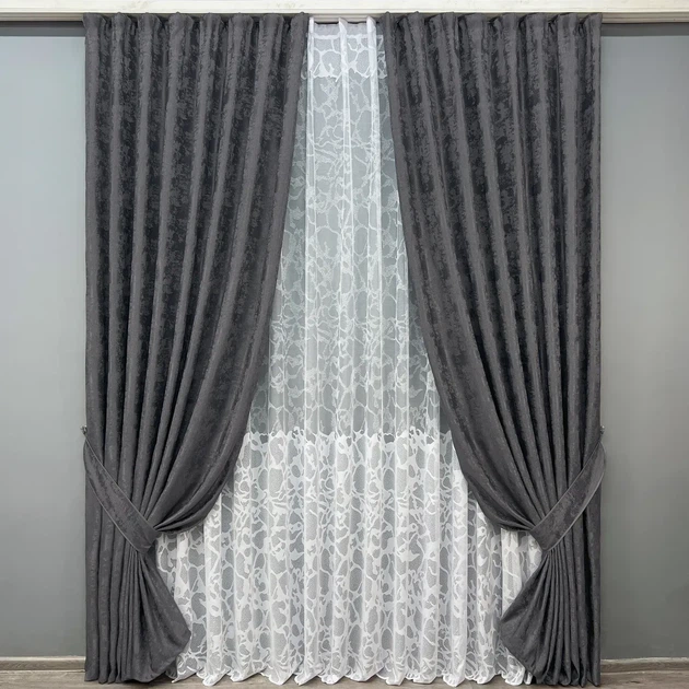 Комплект штор з тюлем VR-Textil Жакард Мармур, графітовий з білим, 2 штори 100×270 см + тюль 300×270 см, арт. 71-184/1 - Фото 1 Комплект штор з тюлем VR-Textil Жакард Мармур, графітовий з білим, 2 штори 100×270 см + тюль 300×270 см, арт. 71-184/1 - зображення 1