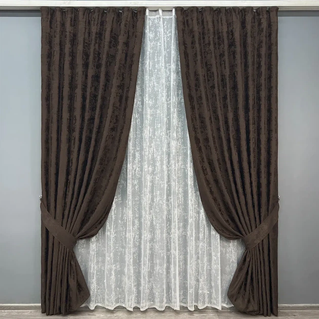 Комплект штор з тюлем VR-Textil Жакард Мармур, венге з білим, 2 штори 100×270 см + тюль 300×270 см, арт. 71-191/1 - Фото 1 Комплект штор з тюлем VR-Textil Жакард Мармур, венге з білим, 2 штори 100×270 см + тюль 300×270 см, арт. 71-191/1 - зображення 1