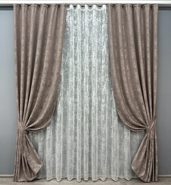Комплект штор з тюлем VR-Textil Жакард Мармур, какао з білим, 2 штори 200×270 см + тюль 600×270 см, арт. 71-008/7 - Фото 1 Комплект штор з тюлем VR-Textil Жакард Мармур, какао з білим, 2 штори 200×270 см + тюль 600×270 см, арт. 71-008/7 - зображення 1