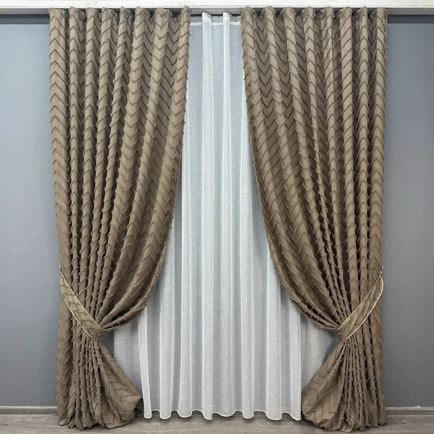 Комплект штор з тюлем VR-Textil Льон Букле, какао з білим, 2 штори 150×270 см + тюль 400×270 см, арт. 71-041/3 - Фото 1 Комплект штор з тюлем VR-Textil Льон Букле, какао з білим, 2 штори 150×270 см + тюль 400×270 см, арт. 71-041/3 - зображення 1