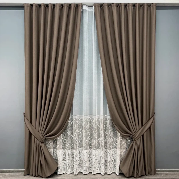 Комплект штор з тюлем VR-Textil Рогожка преміум TERRA LUXE, какао з білим, 2 штори 150×270 см + тюль 400×270 см, арт. 71-115/3 - Фото 1 Комплект штор з тюлем VR-Textil Рогожка преміум TERRA LUXE, какао з білим, 2 штори 150×270 см + тюль 400×270 см, арт. 71-115/3 - зображення 1