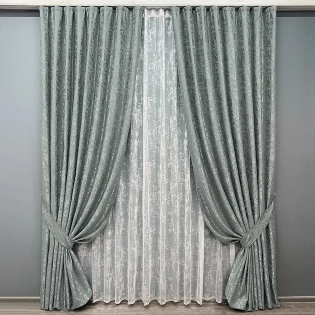 Комплект штор з тюлем VR-Textil Льон Мармур, сірий з білим, 2 штори 100×270 см + тюль 300×270 см, арт. 71-134/1 - Фото 1 Комплект штор з тюлем VR-Textil Льон Мармур, сірий з білим, 2 штори 100×270 см + тюль 300×270 см, арт. 71-134/1 - зображення 1