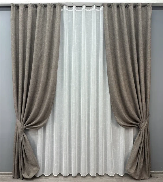 Комплект штор с тюлем VR-Textil Лен Мешковина, серый с белым, 2 шторы 100×270 см + тюль 300×270 см, арт. 71-029/1 - Фото 1 Комплект штор с тюлем VR-Textil Лен Мешковина, серый с белым, 2 шторы 100×270 см + тюль 300×270 см, арт. 71-029/1 - изображение 1