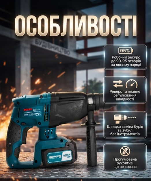 Акумуляторний перфоратор Boxer SR083 24 В з двома акумуляторами 4 Агод патроном SDS Plus трьома режимами роботи силою удару 2.1 Дж і плавним регулюванням швидкості - Фото 2 Акумуляторний перфоратор Boxer SR083 24 В з двома акумуляторами 4 Агод патроном SDS Plus трьома режимами роботи силою удару 2.1 Дж і плавним регулюванням швидкості - зображення 2