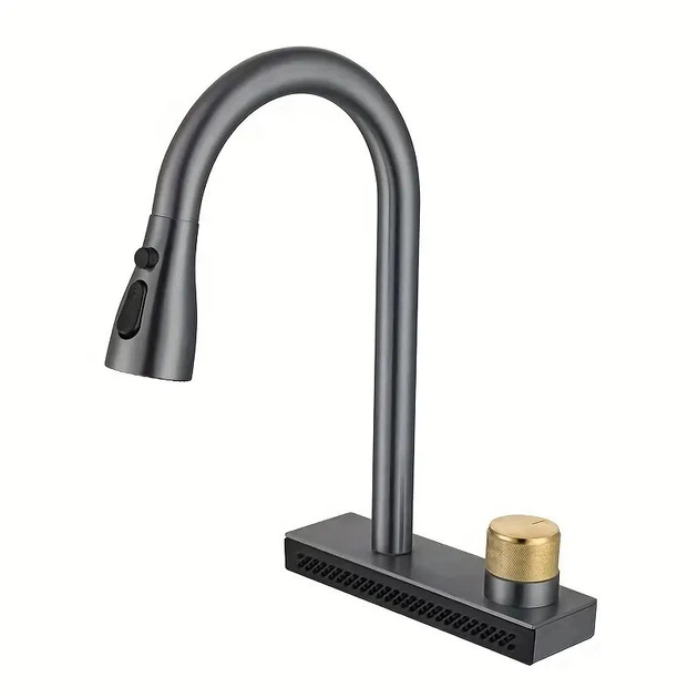 Смеситель для кухни Mixxus FOL-014 Graphite (цвет графит) с выдвижной лейкой и функцией "водопад" из нержавеющей стали - изображение 3