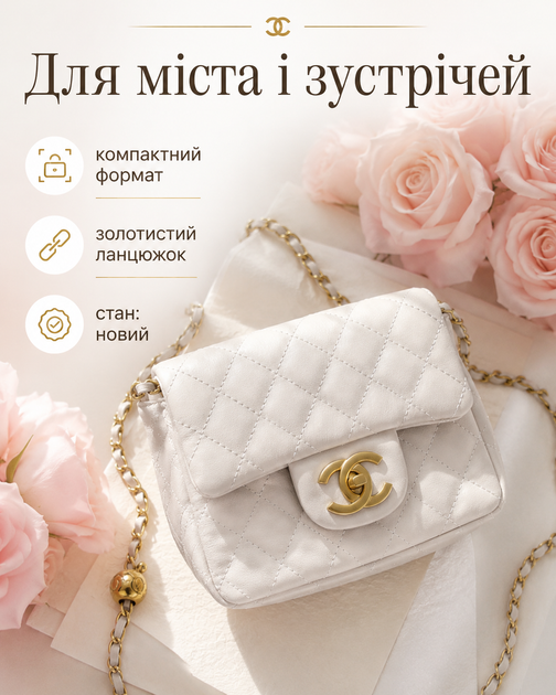 Сумка Chanel біла міні — жіноча через плече з ланцюжком, золотистою фурнітурою та стьобаним дизайном - зображення 4