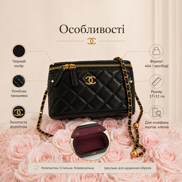 Сумка Chanel чорна 17×11 см — компактна жіноча стьобана з ланцюжком і золотистою фурнітурою - зображення 2