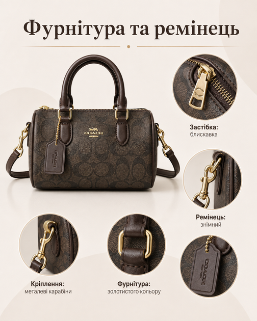 Сумка Coach Mini Rowan коричневая - женская мини с монограммой, темными ручками и плечевым ремешком - изображение 3