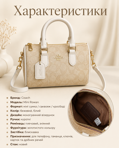 Сумка Coach Mini Rowan бежевая - женская мини с монограммой, белыми ручками и плечевым ремешком - изображение 5