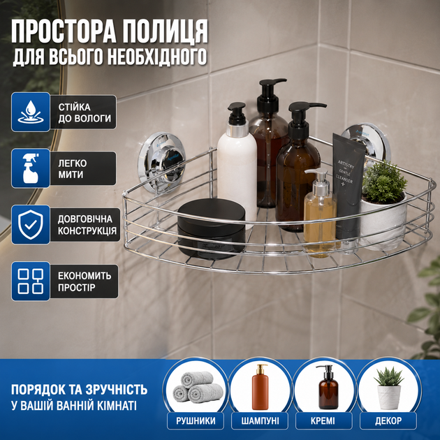 Корзина угловая на вакуумных присосках для ванной 294×210×90мм серебристая для хранения принадлежностей в ванной комнате SK_9783831А12 - изображение 2