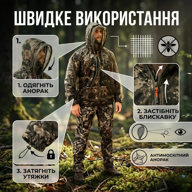 Анорак антимоскитный Camo-tec оливковый сетчатый универсальный для защиты от насекомых комаров клещей для мужчин демисезонный SK_703401А12 - изображение 3